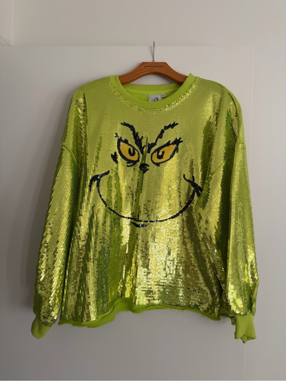 QUEEN OF SPARKLES Neon Lime Sequin Face Crewneck Sweatshirt
